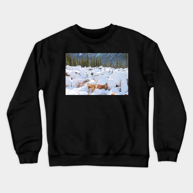 Among the Rocks: Autumn Snow in The Rockies Crewneck Sweatshirt by Carole-Anne